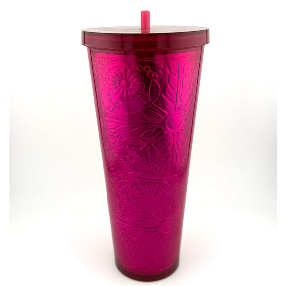 Starbucks 2017 Pink Magenta Floral Metallic Embossed Foil 24oz Tumbler #11070153 - Picture 2 of 9